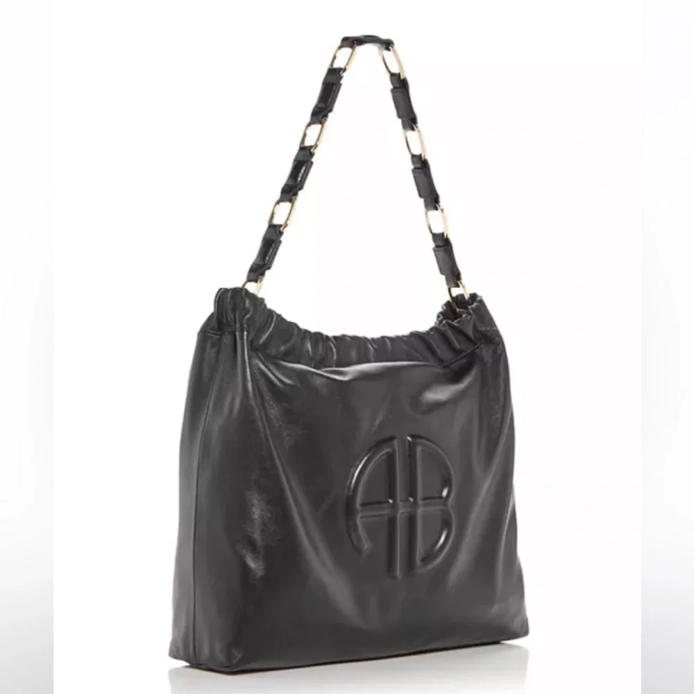 Anine Bing Black Leather Logo Hobo Bag with Gold Chain-Linked Strap